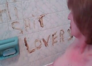 Mature shit lover is writing on the toilet wall